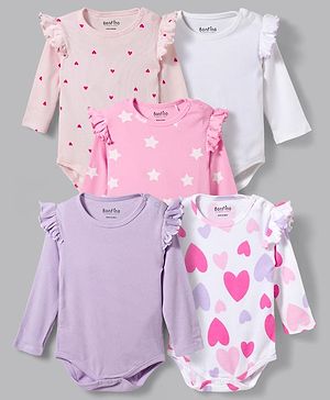 Bonfino 100% Cotton Rib Knit Full Flutter Sleeves Onesies With Heart & Star Print Pack of 5 - Multicolor