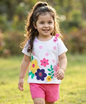 Babyhug Single Jersey Knit Half Sleeves Floral Printed Top & Shorts Set with Bow Applique - Pink & White