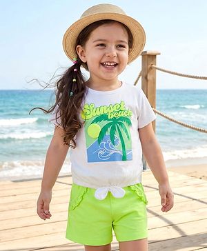 Babyhug Single Jersey Knit Half Sleeves Top & Shorts Set with Beach Theme Graphic - Limegreen & White