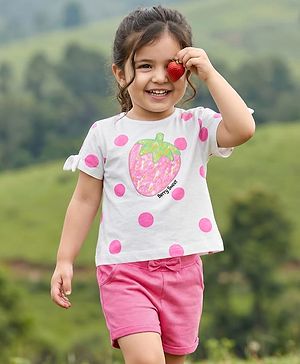 Babyhug Single Jersey Knit Half Sleeves Polka Dot Printed Top & Shorts Set with Bow Applique & Strawberry Embroidery - Pink & White