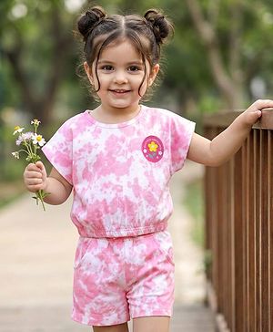 Babyhug Single Jersey Knit Tie & Dye Top & Shorts Set with Path Detailing - Pink