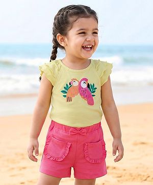 Babyhug Single Jersey Knit Frill Sleeves Top & Shorts Set with Bird Embroidery - Yellow & Pink