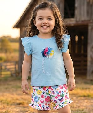 Babyhug Single Jersey Knit Frill Sleeves Floral Printed Top & Shorts Set with Applique - Light Blue