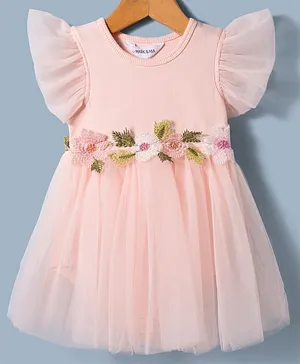 Mark &
                              Mia Woven Half Frill Sleeves Frock Style
                              Onesie with Floral Embroidery - Pink