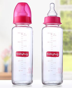 Babyhug SlimSip Glass Feeding Bottle Set  | Narrow Neck | Heat-Resistant Borosilicate Glass | Anti-Colic Nipple Pack of 2 Pink - 250 ml Each