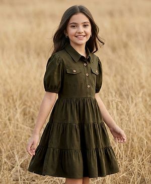 Pine Kids Cotton Woven Half Sleeves Solid Frock - Olive Green