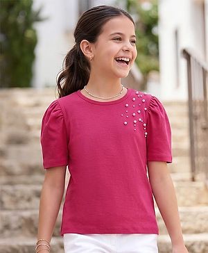 Pine Kids Cotton Lycra Knit Half Sleeves Top with Pearl Detailing - Dark Red