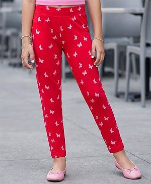 Pine Kids Cotton Lycra Knit Full Length Leggings With Butterfly Print - Red