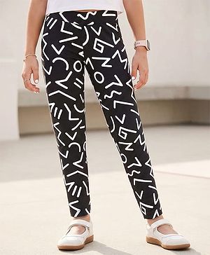 Pine Kids Cotton Lycra Knit Full Length Printed Leggings - Black