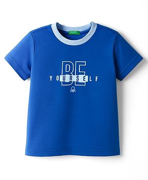 UCB Woven Half Sleeves T-Shirt With Text Print - Blue