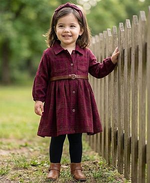 Babyhug Cotton Knit Full Sleeves Checks Frock With Leggings & Belt - Wine