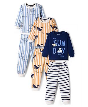 Bonfino 100% Cotton Knit Full Sleeves Sea Life & Nautical Theme Printed Co-Ords T-Shirt & Pyjama Night Suits Pack Of 3 - Multicolour