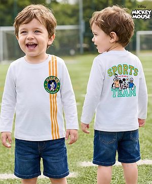 Babyhug Disney Single Jersey Knit Full Sleeves T-Shirt with Front & Back Mickey & Friends Graphic Badge Detailing - White