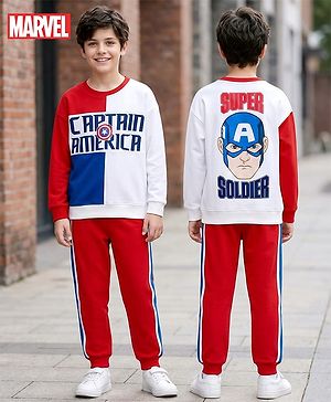 Pine Kids Marvel Terry Knit Drop Shoulder Full Sleeves Cut & Sew Oversized Sweatshirt & Track Pant Set with Captain America Graphic - Red & White