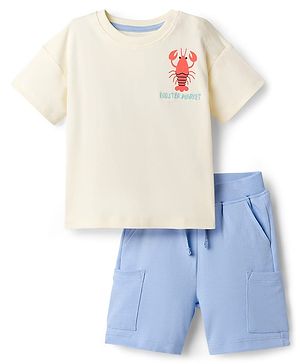 Bonfino 100% Cotton Knit Half Sleeves Drop Shoulder Oversized T-Shirt & Cargo Shorts Set with Front & Back Lobster Print - Offwhite & Light Blue