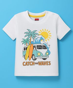 Babyhug 100% Cotton Knit Half Sleeves T-Shirt with Beach Theme Print - White