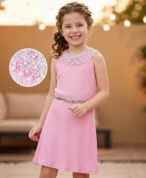 Hola Bonita Knit Sleeveless
                                  Halter Neck Pleated Dress with Belt
                                  & Pearl Detailing - Pink