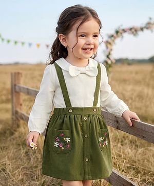 Babyhug Single Jersey Knit Full Sleeves Top & Skirt Set with Bow Applique & Floral Embroidery - White & Olive Green