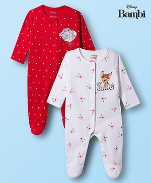 Babyhug Disney Interlock Knit Full Sleeves Footed Sleep Suits With Bambi & Friends Print Pack of 2 - Red & White