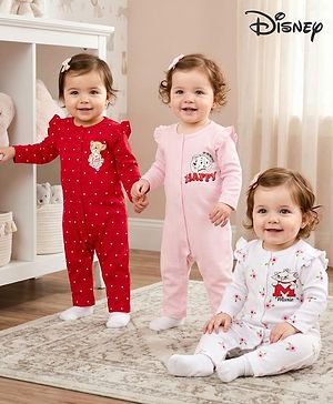 Babyhug Disney Interlock Knit Full Sleeves Front Open Rompers with Frills Detailing & Disney Characters Graphics Pack of 3 - Red White & Pink