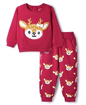 Babyhug Interlock Knit Full Sleeves Top & Lounge Pant Set with Deer Print & Bow Applique - Maroon