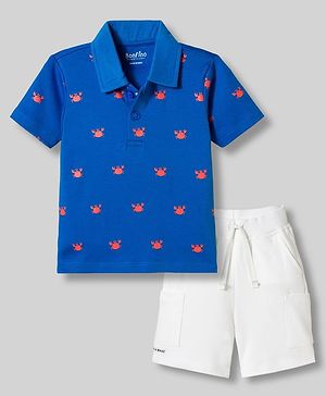 Bonfino 100% Cotton Knit Half Sleeves Crab Printed Polo T-Shirt & Cargo Shorts Set - Blue & White