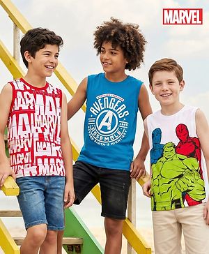 Pine Kids Marvel Single Jersey Knit Sleeveless Vest with Avengers Graphic Pack of 3- Red Blue & White