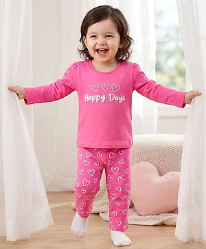 Babyhug Cotton Knit Full Sleeves Night Suit With Heart Print - Pink