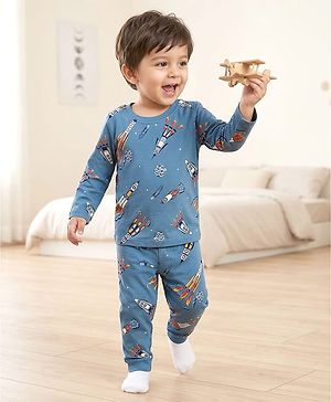 Babyhug Cotton Knit Full Sleeves Co-ord Night Suit With Rocket Print - Blue