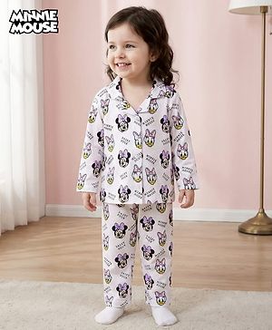 Babyhug Disney Single Jersey Knit Full Sleeves Co-ords Night Suit with Minnie Mouse Print - White