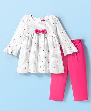 Babyhug Cotton Knit Full Sleeves Night Suit With Strawberry Print & Bow Applique - Pink & White