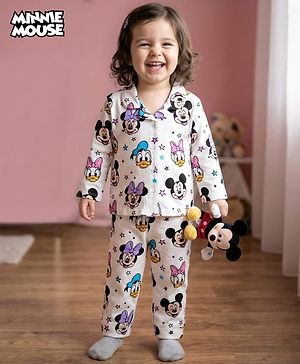 Babyhug Disney Single Jersey Knit Full Sleeves Co-ords Night Suit With Minnie Mouse Print - White