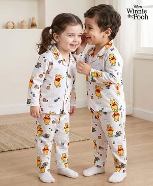 Babyhug Disney Single Jersey Knit Full Sleeves Co-ords Night Suit With Winnie The Pooh Print - White