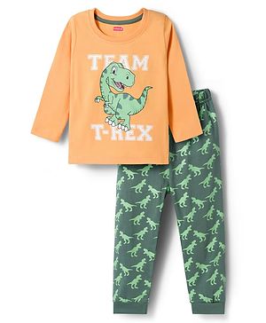 Babyhug Cotton Knit Full Sleeves Night Suit With Dino Print - Orange
