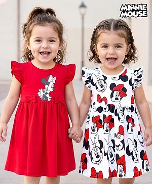 Babyhug Disney Single Jersey Knit Frill Sleeves Frocks with Minnie Mouse Graphic & Bow Applique Pack of 2 - White & Red
