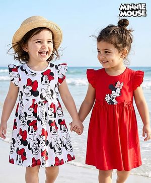 Babyhug Disney Single Jersey Knit Frill Sleeves Frocks with Minnie Mouse Graphic & Bow Applique Pack of 2 - White & Red