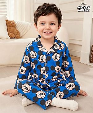 Babyhug Disney Single Jersey Knit Full Sleeves Co-ord Night Suit With Mickey Mouse Print - Blue