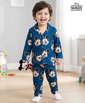 Babyhug Disney Single Jersey Knit Full Sleeves Co-ord Night Suit With Mickey Mouse Print - Navy Blue