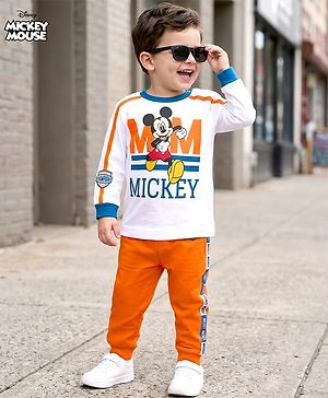 Babyhug Disney Single Jersey Knit Full Sleeves T-Shirt & Track Pant Set With Front & Back Mickey Mouse Graphics - White & Orange