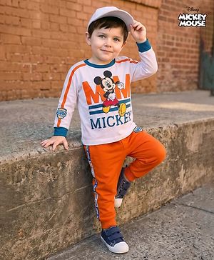 Babyhug Disney Single Jersey Knit FullT-Shirt & Track Pant Set With Front & Back Mickey Mouse Graphics - White & Orange