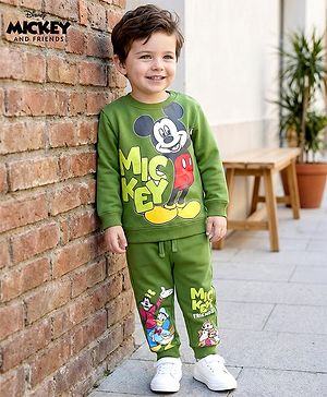 Babyhug Disney Single Jersey Knit Full Sleeves T-Shirt & Track Pant Set With Mickey & Friends Graphics - Olive Green