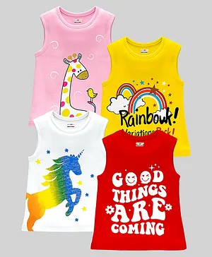 KUCHIPOO Cotton Knit Pack Of 4
                              Sleeveless Stars Animals Unicorn &
                              Floral Printed Tees - Multi Colour