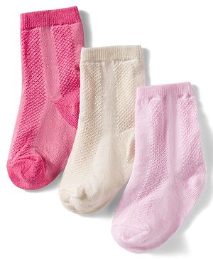 Cutewalk by Babyhug Non Terry Knit Anti-Bacterial Ankle Length Solid Colour Socks Pack of 3 - Dark Pink & Cream