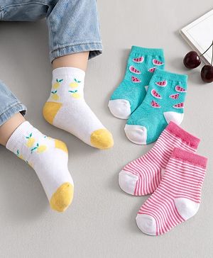 Cute Walk by Babyhug Non Terry Knit Ankle Length Anti Bacterial Socks With Stripes & Fruits Design Pack of 3 - Multicolour