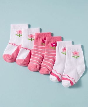 Cute Walk by Babyhug Non Terry Knit Ankle Length Antibacterial Socks With Floral Design Pack Of 3 - White & Pink