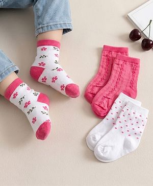 Cute Walk by Babyhug Non Terry Cotton Knit Ankle Length Anti Bacterial Socks With Polka Dots & Floral Design Pack Of 3 - Multicolour