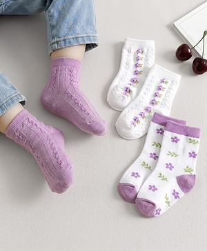 Cute Walk by Babyhug Non Terry Cotton Knit Ankle Length Anti Bacterial Socks With Floral Design Pack Of 3 - Multicolour