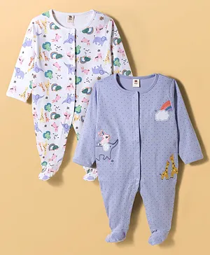ToffyHouse Interlock Knit Full
                              Sleeves Footed Rompers With Animal Print
                              & Embroidery Pack of 2 - Purple &
                              White