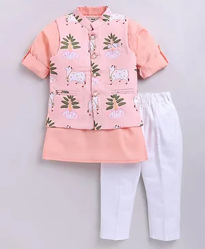 LITTLE COLLARS Cotton Blend Knit Full Sleeves Solid Kurta & Pyjama With Cows & Lotus Printed Jacket Set - Dark Peach
