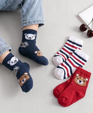 Cute Walk by Babyhug Ankle Length Anti Bacterial Socks with Bear Design Pack of 3 - Red White & Navy